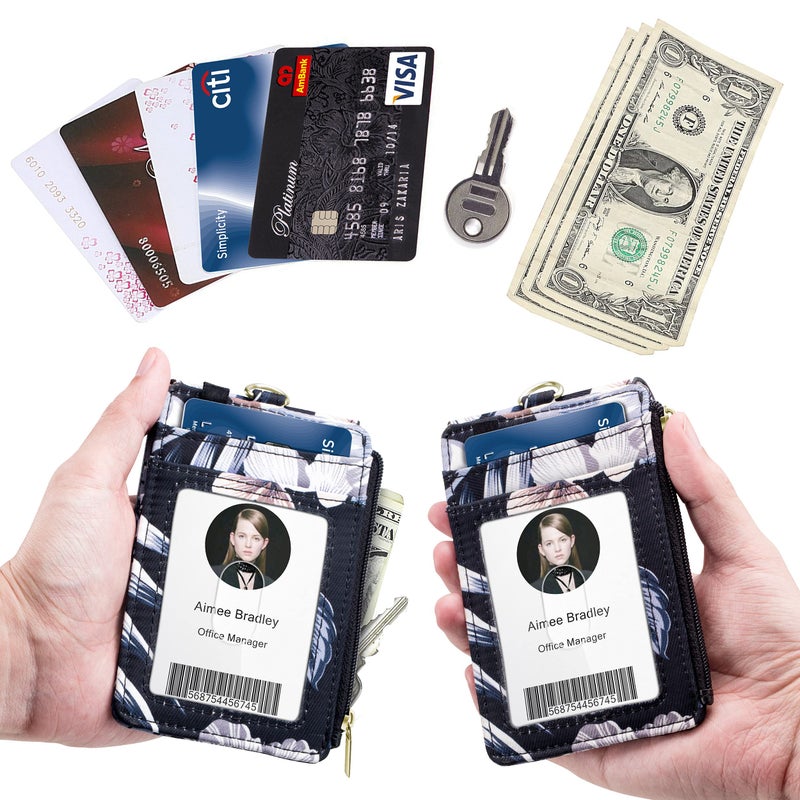 ELV Badge Holder with Zipper, ID Badge Card Holder Wallet with 5 Card Slots, 1 Side RFID Blocking Pocket and 20 inch Neck Lanyard Strap for Offices, School, Driver Licence (Floral) - Image 3